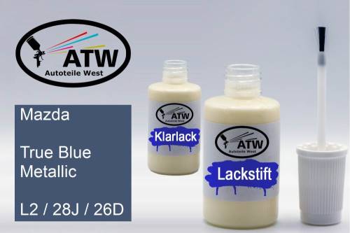 Mazda, True Blue Metallic, L2 / 28J / 26D: 20ml Lackstift + 20ml Klarlack - Set, von ATW Autoteile West.